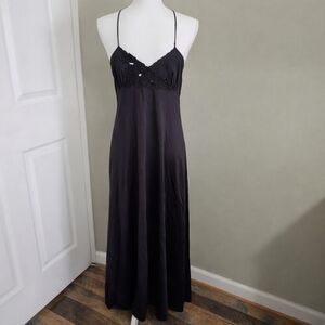 Vintage Shadowline Black Slip Dress Backless Floral Maxi Nightgown 90s Y2K